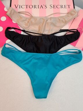 VTG Victoria's Secret 3pk Silky Satin Strappy Back V-string Thong Panties Sm